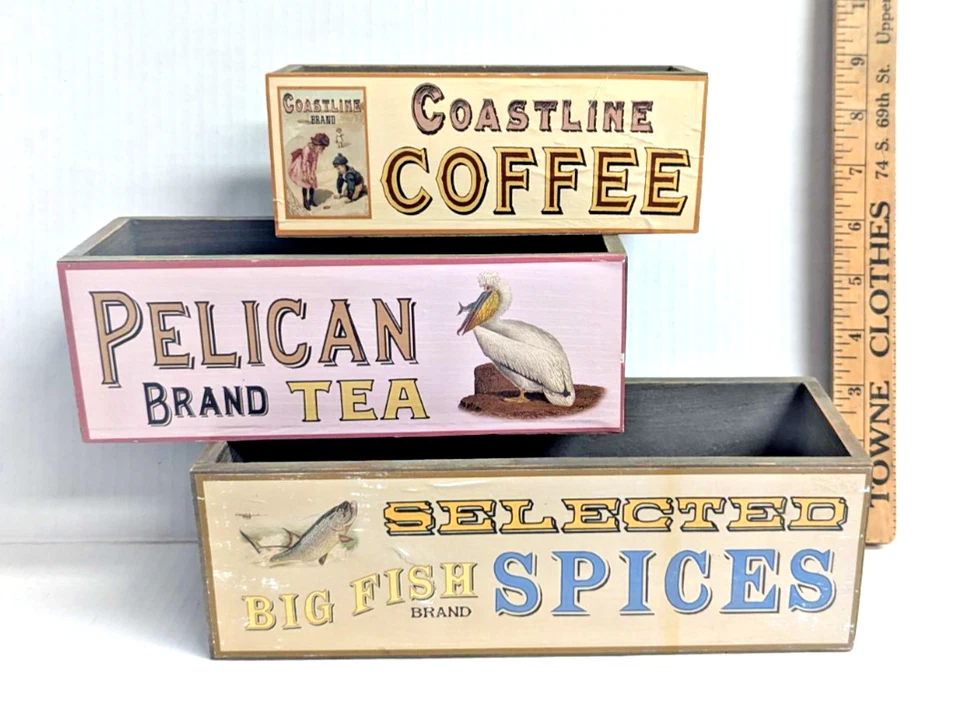 Wood Gray Boxes 3pc Rectangle Spice Coffee Tea Label Design Rustic Storage Gift - Image 2 of 4