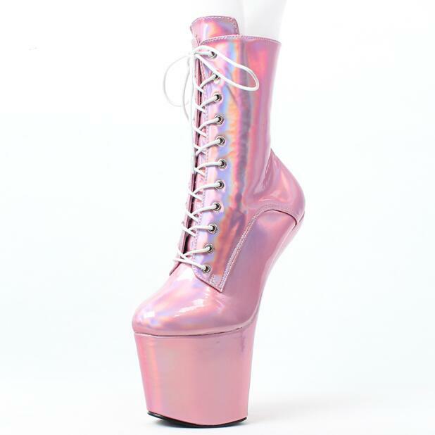 Stivaletti donna alla moda stringati lucidi senza tacco zoccolo pony scarpe festa tacco alto