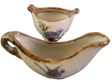 Vintage Tonala Mexican Pottery  Creamer & Sugar Bowl, Birds & Floral 