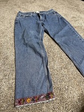 VINTAGE Z Cavaricci Pants Women 32 Blue Beaded Floral Hem Y2K Cotton