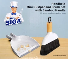 Mr. Siga Handheld Mini Dustpan and Brush Set w/ Bamboo Handle WHITE