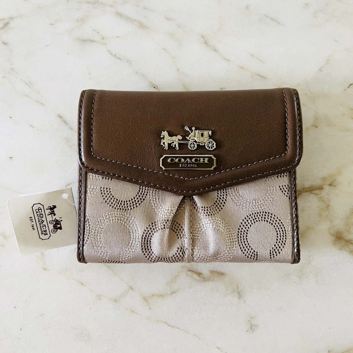 COACH Madison Khaki Mahogany Dotted Trifold Flap Wallet