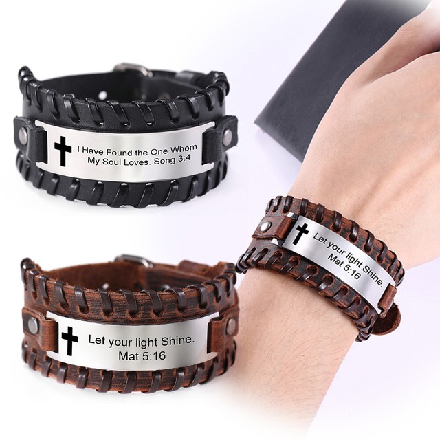 Stainless Steel God/Lord/Matthew/Christian Bracelet Leather Cross