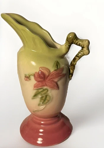 Vintage Hull Pottery Glazed Ewer-Pitcher  W3-5 1/2" USA Green & Pink Flowers