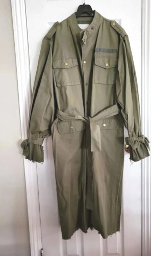New Khaki Military Style Long Trench Coat High Neck & Puff Sleeves Medium/Large - Picture 1 of 18