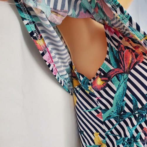 Beware White Blue Striped Floral Off Shoulder Ruffle Stretch Bodysuit Size L - 第 6/11 張圖片