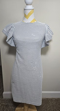 Calvin Klein White Black Pleated Ruffle Sleeve Sheath Dress Women 2 Knit Zip
