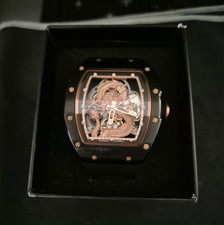 MEGIR Men's Automatic Skeleton Dragon Dial Watch Black Silicone Strap NO.07354