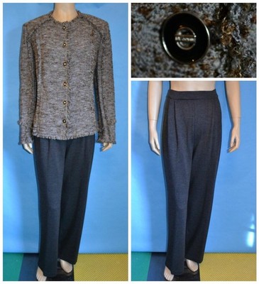 ST JOHN COLLECTION KNIT Gray Brown JACKET Pants L 12 10 2PC Suit Buttons Fringes