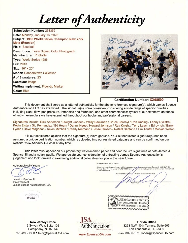 1986 Mets World Series Champion Team signed 16x20 photo JSA Gooden Davey Johnson - Image 2 of 2