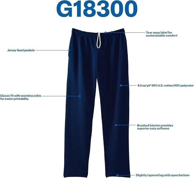 Pantalones deportivos Gildan de vellón para adultos con parte inferior abierta con bolsillos estilo G18300, azul marino Foto 2 de 4