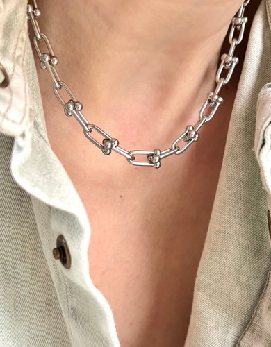 Silver Paperclip Chain U Shaped Hardweare Horseshoe Link Chain Chunky Necklace - Picture 3 of 5