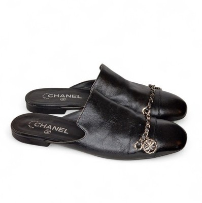 Chanel Black Lambskin Chain Mules Size 39.5 US 8.5