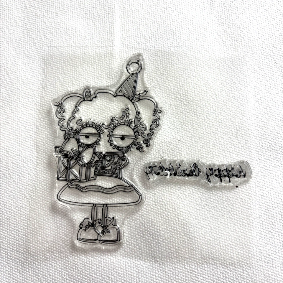 Estampillas de goma de niña de ojos grandes de feliz cumpleaños que se adhieren 2 piezas regalo cumpleaños sombrero Foto 2 de 2