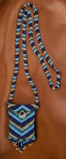 MEDICINE BAG BEADED , ARROW, Flap, Loop Handmade,26" Strap, BLUES, Silver, 4"L