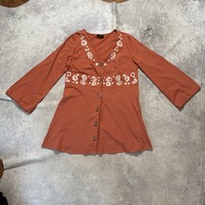 Asos Design Mini Dress Womens Size 8 Rust Floral Embroidery Button Down Waisted