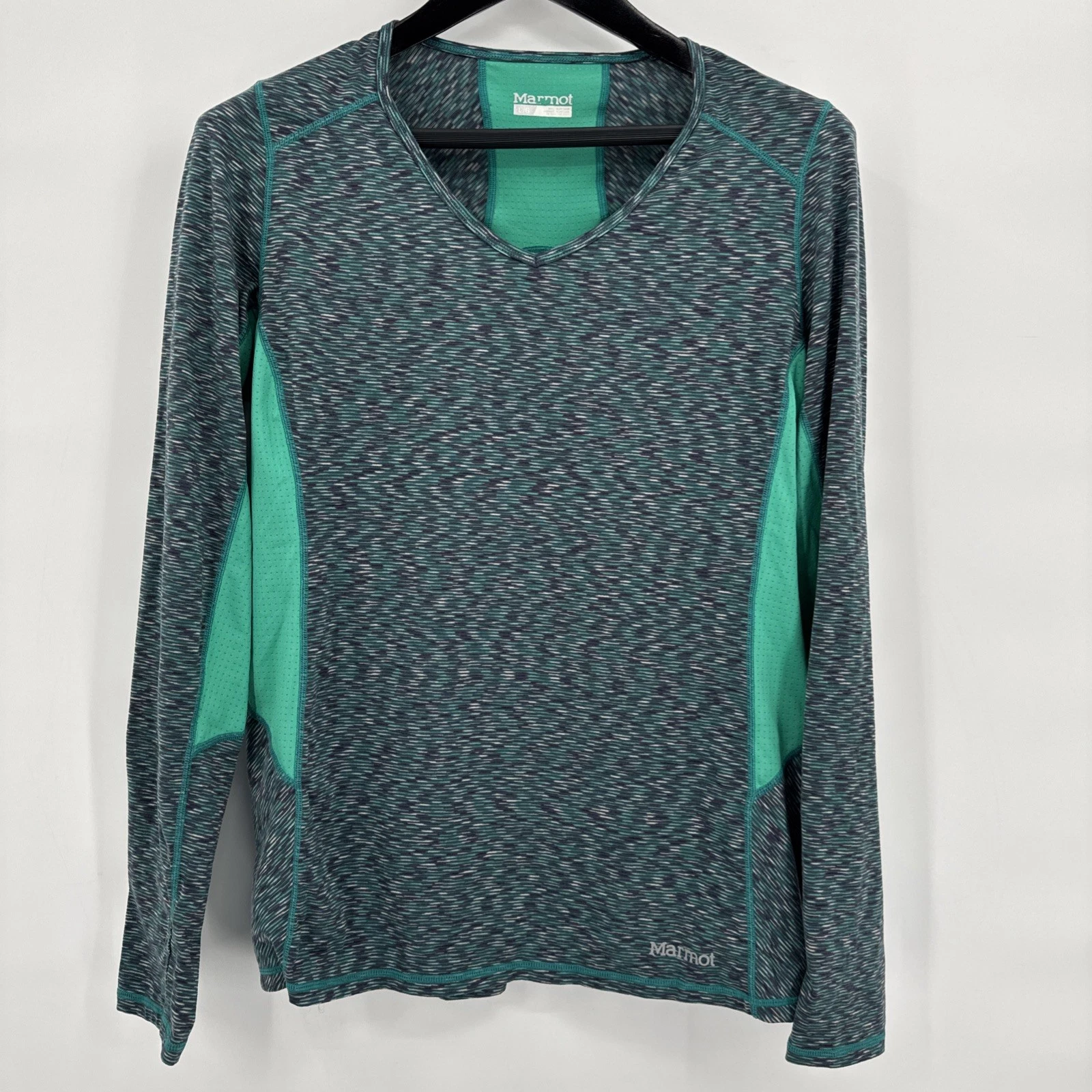 Marmot Pullover Knit Top size L Long Sleeve V-Neck Stretch Layer Athletic Green