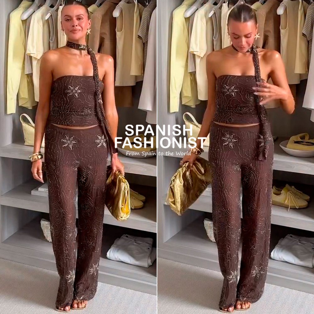ZARA WOMAN NWT SS25 CHOCOLATE BEADED SCARF TOP ALL SIZES