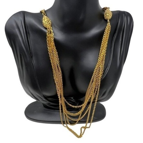 Multi Chain Necklace Gold Tone with Two Filigree Beads