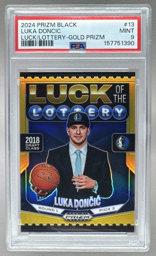 Luka Doncic 2024 Panini Prizm Black #13 Gold Luck of the Lottery 2/10 PSA 9