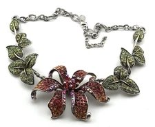 Kirks Folly Necklace Orchid Crystal Red Green Statement Silver Tone Lovely #75