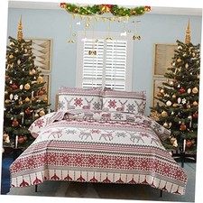 Christmas Quilt Set Queen Size 3-Piece Xmas Full/Queen White Gray Red