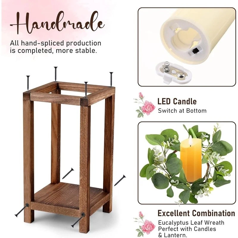Juego de linternas de madera con velas LED coronas de eucalipto centros de mesa rústicos decoración Foto 4 de 4