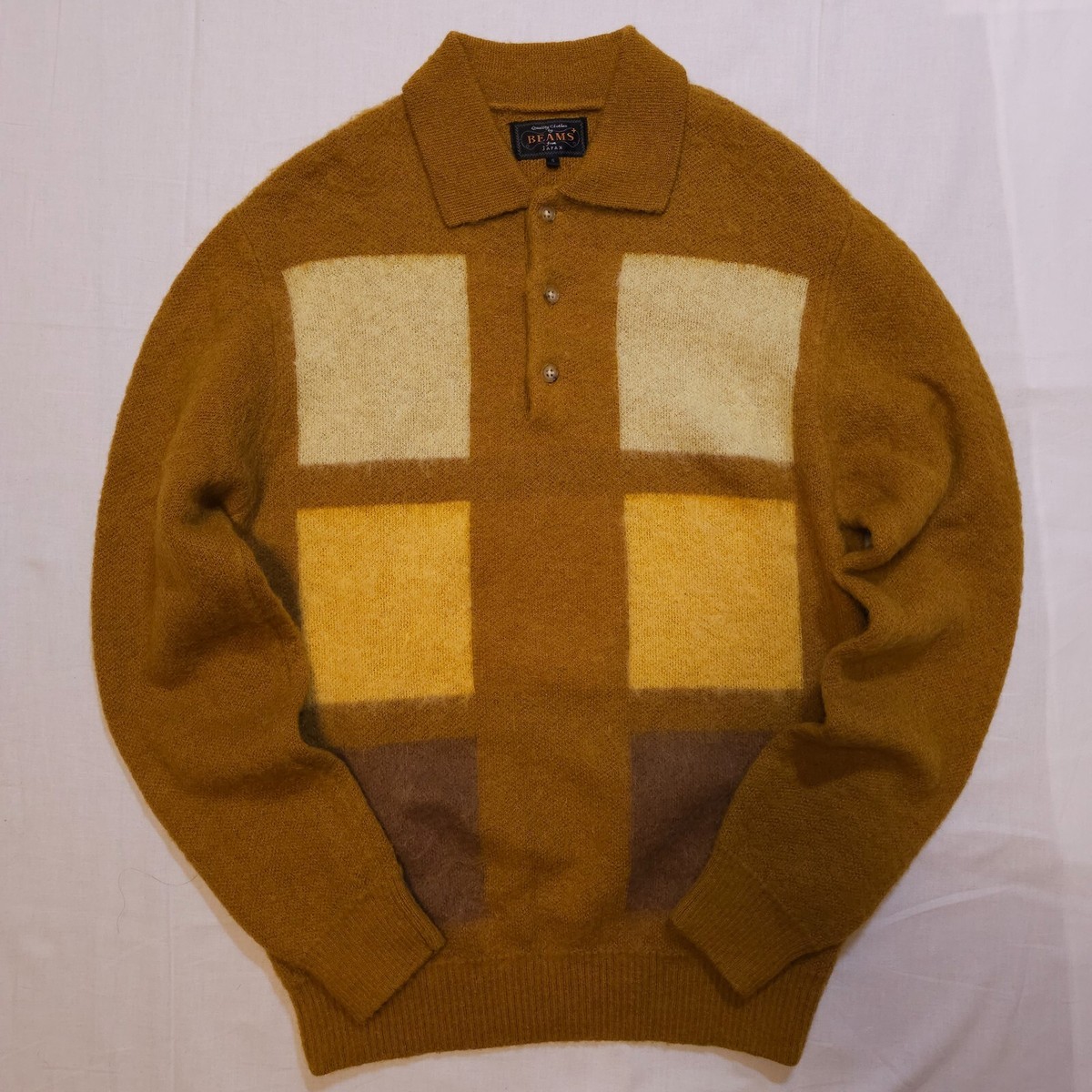 NWOT BEAMS Plus Japan Mohair Colorblock Knit Sweater Polo Mustard