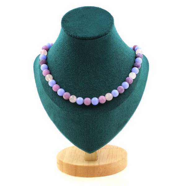 Halskette Perlen Rosenquarz + Glimmer Violett Matt + Achat Crazy Lace Blau 8-image