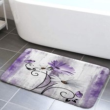 Rustic Farmhouse Bath Mat, Farm Purple Daisy Floral Flowers Butterfly Country...
