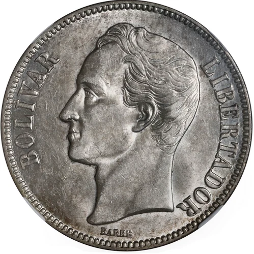 VENEZUELA  5 Bolivares 1929 NGC AU 58. KM-Y24.2 Silver Coin