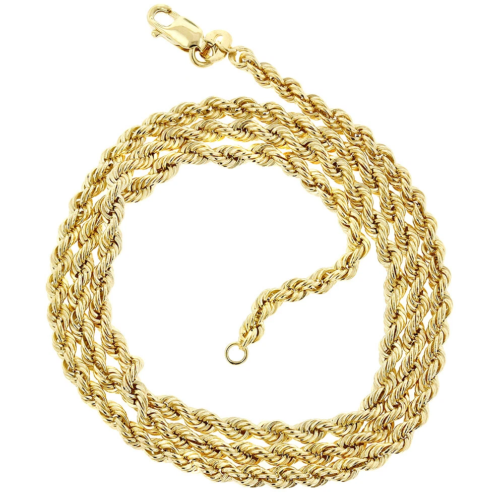 10K Yellow Gold 3mm Wide Diamond Cut Rope Chain Necklace Lobster Clasp 18 20 30