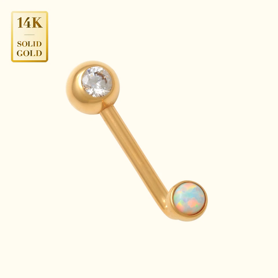 Bola redonda de oro macizo de 14K con circonita cúbica en forma de L barra vaginal Venus genital 14G Foto 2 de 4
