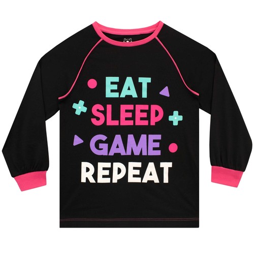 Girls Pyjamas Loungewear Pyjama Set 6-13 Years PJs Stripes Navy Pink Girl Gamer - Picture 2 of 6