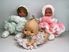 Lot Of 3 Vintage Dolls Crochet Yarn Dress Baby Rubber Face Handmade-60  s/70  s 