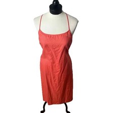 100% Linen Coral Halter Neck Spaghetti Strap Cross Back Midi Dress 10