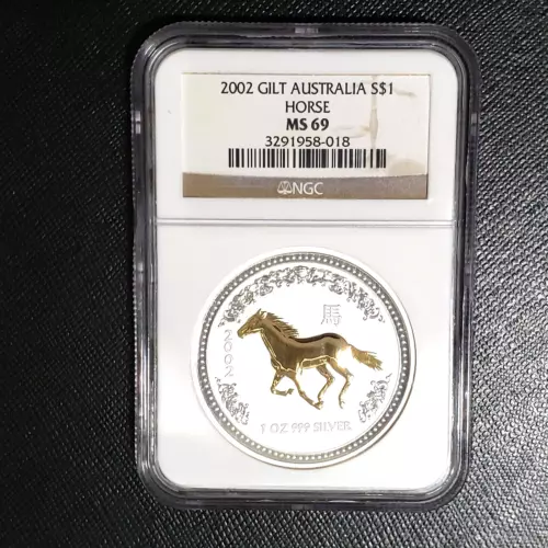 2002 Australia 1 OZ Lunar Horse Fine Silver Gold Gilt Coin NGC MS 69 MINT