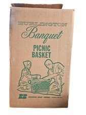 Vintage 1970s Hawkeye Woven Picnic Basket Wooden Lid  Green/ Yellow In O.G Box