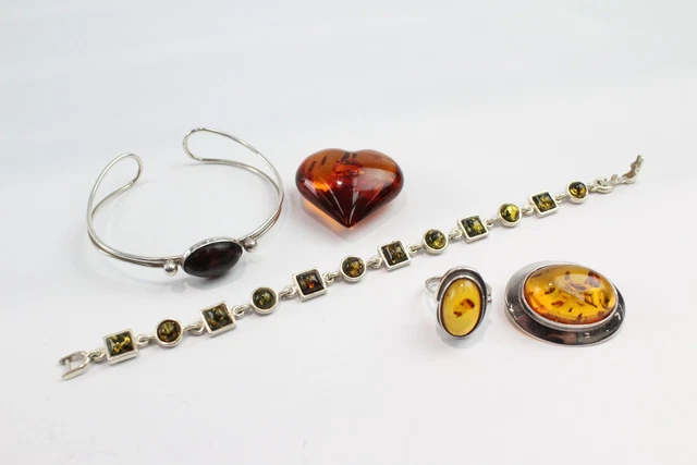 02 Sterling Silver Amber Jewellery Baltic Copal Tennis Bracelet Bangle Ring x 5