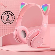 Casque Audio Ecouteur Bluetooth Oreilles de Chat Lumineux LED Rose Sans Fil PC