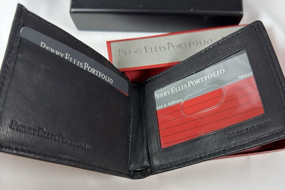 Cartera de cuero negra plegable delgada para hombre Perry Ellis Portfolio - NUEVA Foto 3 de 4