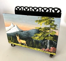Vintage  Metal Napkin Holder Hand Painted Buck Deer Mountains  Artist Signed