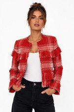 Zara Woman Red Plaid Tweed Ruffle Fringe Jacket Open Front Textured Blazer XS