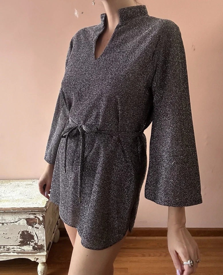 Mini Vestido Túnica Micro Brillante Vintage Años 70 Brillante Disco Fiesta Manga Campana M L Foto 3 de 4
