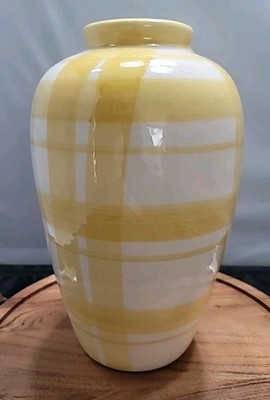 VTG Pottery Pastel Yellow Plaid, Gingham Ceramic, Hand-Painted Vase - 10 