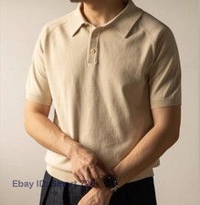 Men's Vintage Short Sleeve Knitted Collar Casual T-Shirt 100% Cotton
