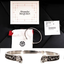 NEW $450 ALEXANDER MCQUEEN Silver Tone Brass  TWIN SKULL & SNAKE CUFF BRACELET