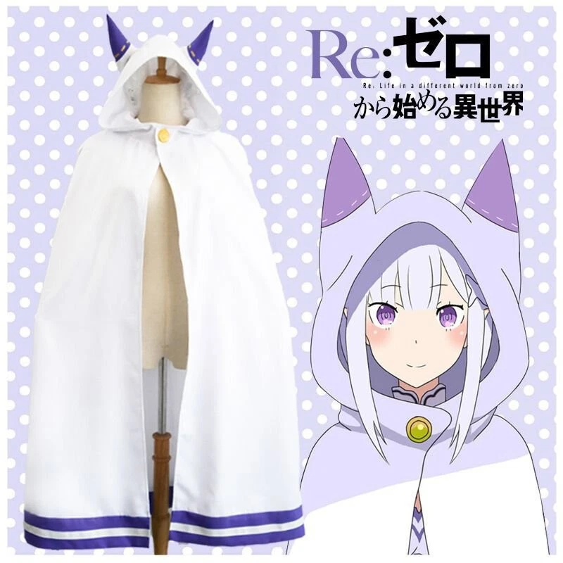 Anime Re:Zero Emilia Cosplay Capa con Capucha Orejas de Gato Capa Abrigo Uniforme Disfraz Nuevo Foto 2 de 4
