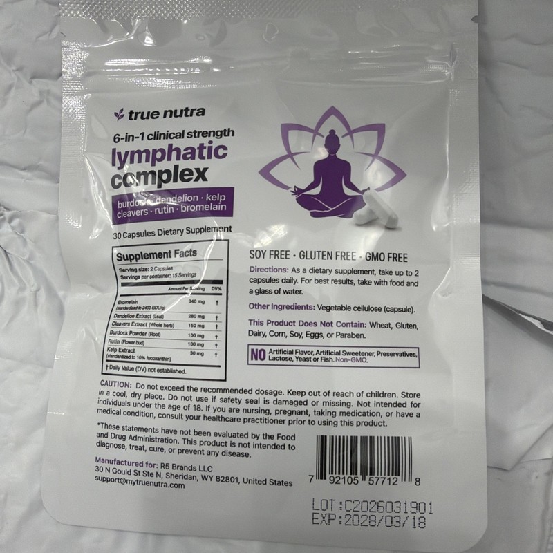 True Nutra 6-in-1 Lymphatic Complex Drainage Dandelion Burdock Bromelain Kelp 