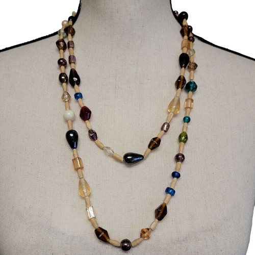 Holz & Glas Perlen Halskette 49" lang bunt beige Mixed Media Boho vielseitig - Bild 3 von 8